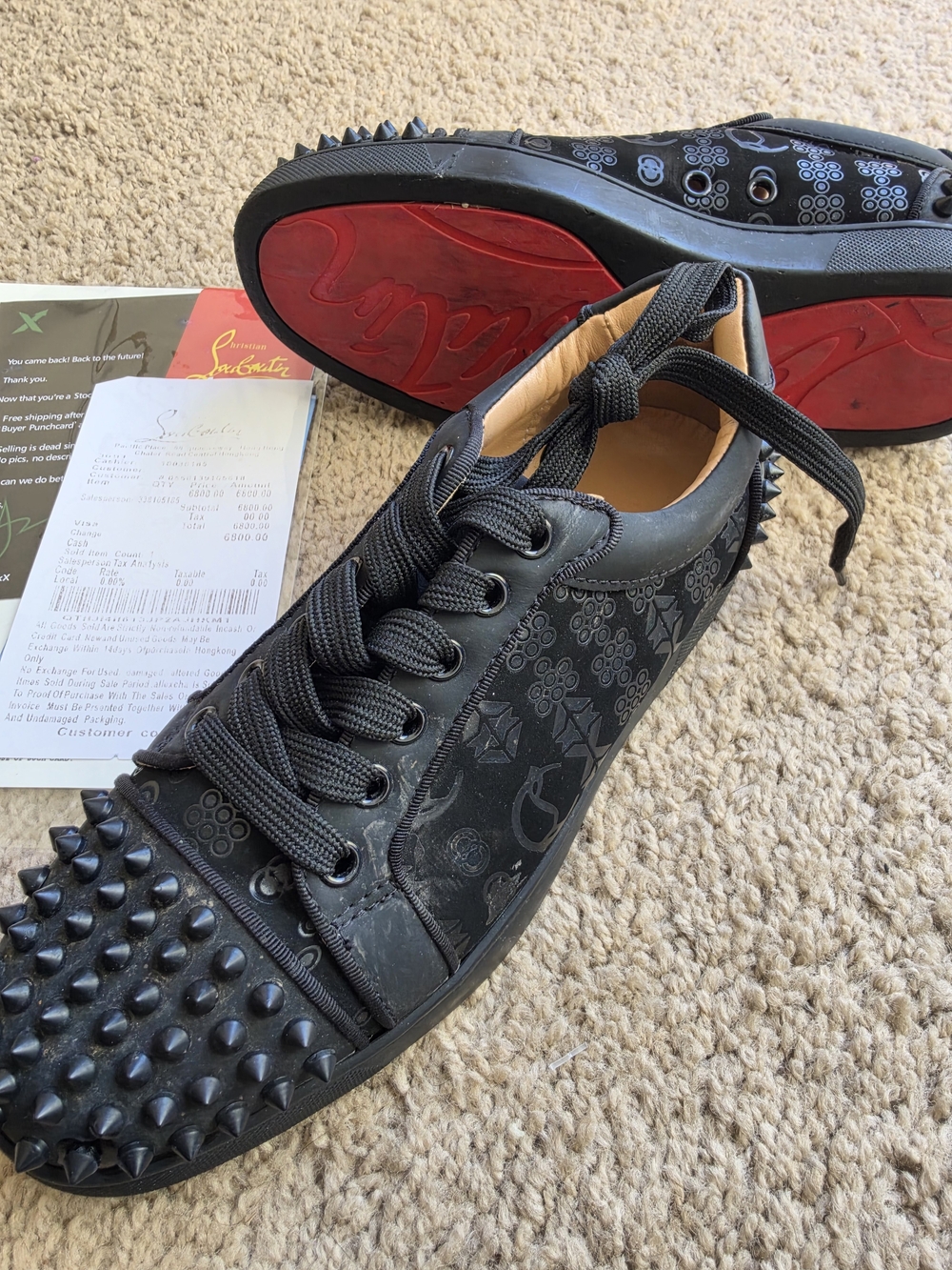 Christian Louboutin Black Studded Low-Top Sneakers with Red Sole